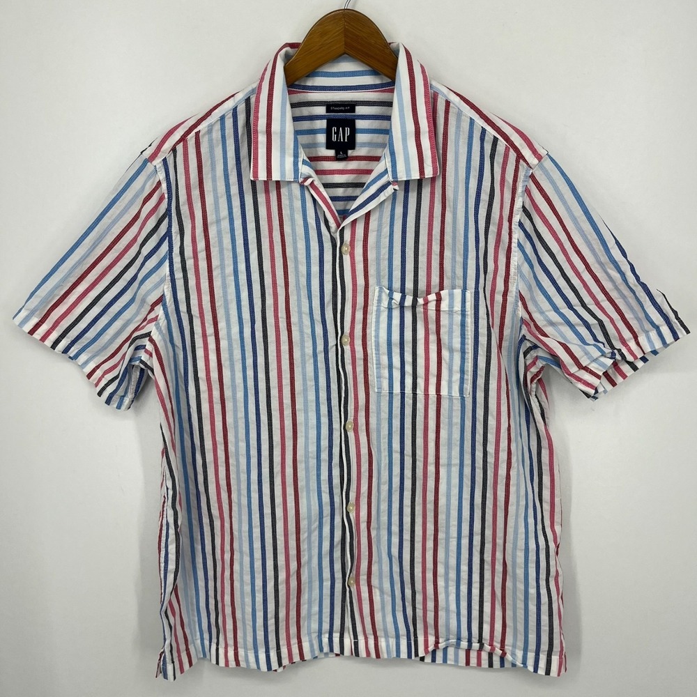 Gap Short Sleeve Button Shirt Men's Size L White Multicolor Striped Cotton‎